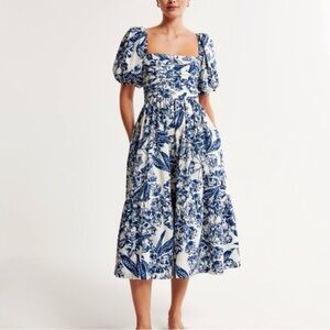 Abercrombie & Fitch Emerson Poplin Pop Sleeve Midi Dress in Blue Floral